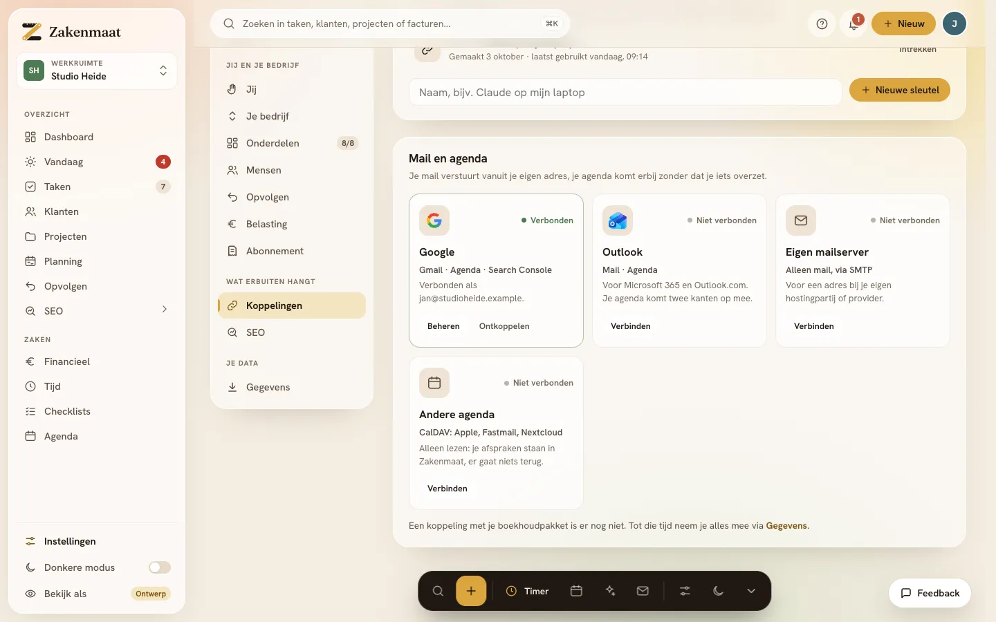 Instellingen, Koppelingen in de demo: de kaarten van Google, Outlook, je eigen mailserver en een andere agenda