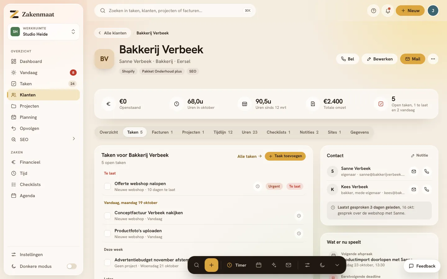 De taken van Bakkerij Verbeek, elk met een datum