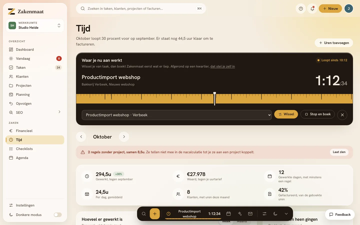 Het tijdscherm met een lopende timer op een project
